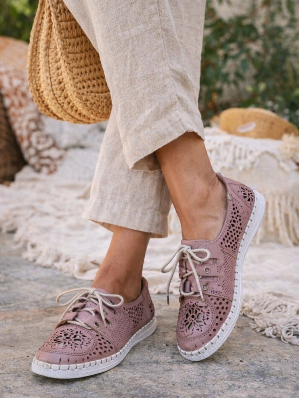 Biza “Petra” Leather Sneakers | Rose Pink Laser Cut Comfort Shoes | EU 38